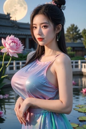  (masterpiece, best quality:1.2),1girl, navel, solo, midriff, bare shoulders, lantern, hair ornament, flower, hair flower, paper lantern, black hair, red lips,BREAK, (looking at viewer:1.23), chinese clothes,(Holographic pink-green-white dress:1.36), (Rainbow Gradient Color:1.29),BREAK,purple eyes,blurry, solo focus, long hair, lips, daytime, lipstick, outdoors, upper body, blurry,(huge breasts:1.48), background, solo, makeup, hair bun,Xyunxiao,(Peony,Blue sky,moon:1.39),(Lotus pond, ancient Chinese architecture:1.29)