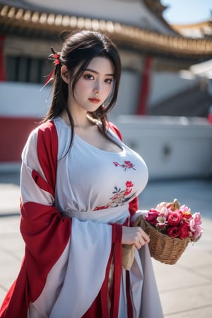 fenmo, fense, 1girl, black hair, flower, hair ornament, realistic, holding, hair flower, blurry, holding flower, chinese clothes, looking at viewer, (red hanfu:1.39), black eyes, basket, blurry background,hanfu,cho girl,(big breasts:1.56),gufeng,embroidered flower patterns