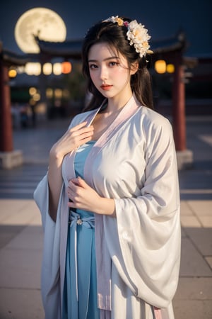  (masterpiece, best quality:1.3), 1girl, black hair, flower, hair ornament, realistic, holding, hair flower, blurry, holding flower, chinese clothes, looking at viewer, hanfu, black eyes, basket, blurry background,(white hanfu:1.29),(big breasts:1.56),(full moon:1.23)