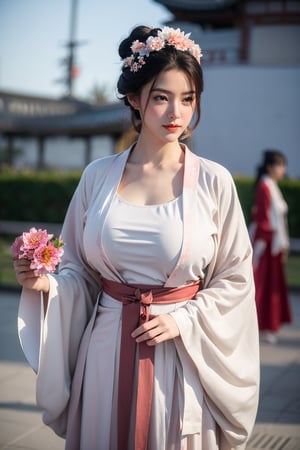  (masterpiece, best quality:1.3), 1girl, black hair, flower, hair ornament, realistic, holding, hair flower, blurry, holding flower, chinese clothes, looking at viewer, hanfu, black eyes, basket, blurry background,(red hanfu:1.29),(big breasts:1.63),(full moon:1.23)