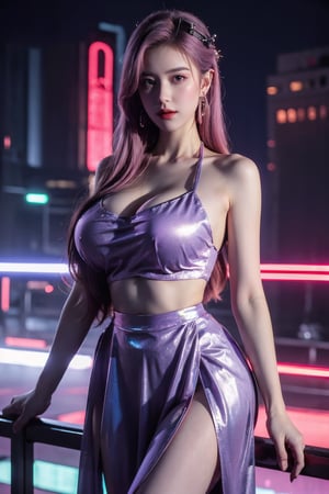 (masterpiece, best quality:1.3),Nights,(Cyberpunk:1.3), (neon lights:1.4), glowing earrings, realistic, pub,1girl, solo, looking at viewer, (Holographic color Dress:1.23),(light purple dress:1.29),Cyberpunk,realistic, midriff, bare shoulders, standting, hair ornament, pink hair, jewelry, Pleated Skirt, purple long skirt, cowboy shot,Xyunxiao, ,(big breasts:1.69),(full breasts:1.52)