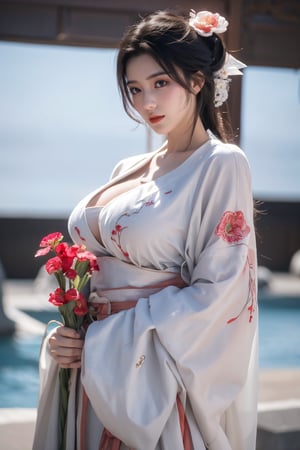 fenmo, fense, 1girl, black hair, flower, hair ornament, realistic, holding, hair flower, blurry, holding flower, chinese clothes, looking at viewer, hanfu, black eyes, basket, blurry background,hanfu,cho girl,(big breasts:1.56),gufeng,embroidered flower patterns