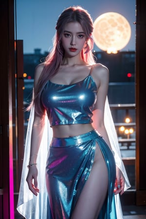 (masterpiece, best quality:1.3),Nights,(Cyberpunk:1.3), (neon lights:1.4), glowing earrings, realistic, pub,1girl, solo, looking at viewer, (Holographic light blue dress:1.29),realistic, midriff, bare shoulders, standting, hair ornament, pink hair, jewelry, Pleated Skirt, purple long skirt, cowboy shot,Xyunxiao, ,(huge breasts:1.5),(full moon:1.39)