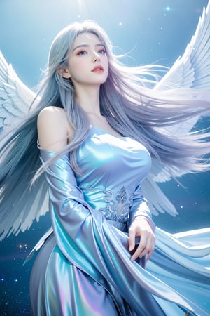 (masterpiece, best quality, CGI, official art:1.2), (stunning celestial being:1.3), (iridescent wings:1.4), shimmering silver hair, piercing sapphire eyes, gentle smile, (luminous aura:1.2), soft focus, whimsical atmosphere, serene emotion, dreamy tone, vibrant intensity, inspired by Hayao Miyazaki's style, ethereal aesthetic, pastel colors with (soft pink accents:1.1), warm mood, soft golden lighting, diagonal shot, looking up in wonder, surrounded by (delicate clouds:1.1) and (shimmering stardust:1.2),(big breasts:1.36), focal point on the being's face, intricate textures on wings and clothes, highly realistic fabric texture, atmospheric mist effect, high image complexity, detailed environment, subtle movement of wings, dynamic energy.,Xyunxiao