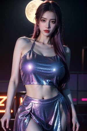 (masterpiece, best quality:1.3),Nights,(Cyberpunk:1.3), (neon lights:1.4), glowing earrings, realistic, pub,1girl, solo, looking at viewer, (Holographic light purple dress:1.29),realistic, midriff, bare shoulders, standting, hair ornament, pink hair, jewelry, Pleated Skirt, purple long skirt, cowboy shot,Xyunxiao, ,(huge breasts:1.5),(full moon:1.39)