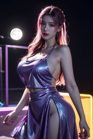 (masterpiece, best quality:1.3),Nights,(Cyberpunk:1.3), (neon lights:1.4), glowing earrings, realistic, pub,1girl, solo, looking at viewer, (Holographic light purple dress:1.29),realistic, midriff, bare shoulders, standting, hair ornament, pink hair, jewelry, Pleated Skirt, purple long skirt, cowboy shot,Xyunxiao, ,(huge breasts:1.5),(full moon:1.29)