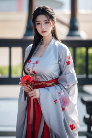 fenmo, fense, 1girl, black hair, flower, hair ornament, realistic, holding, hair flower, blurry, holding flower, chinese clothes, looking at viewer, (red hanfu:1.23), black eyes, basket, blurry background,hanfu,cho girl,(big breasts:1.56),gufeng,embroidered flower patterns