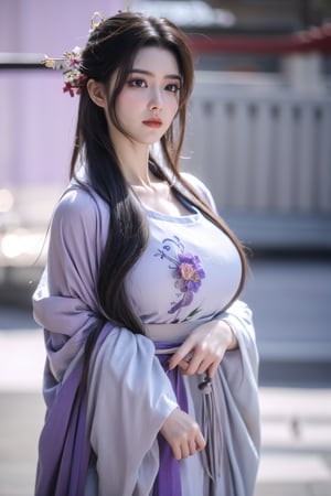 fenmo, fense, 1girl, black hair, flower, hair ornament, realistic, holding, hair flower, blurry, holding flower, chinese clothes, looking at viewer, (light purple hanfu:1.39), black eyes, basket, blurry background,hanfu,cho girl,(big breasts:1.59),gufeng,embroidered flower patterns