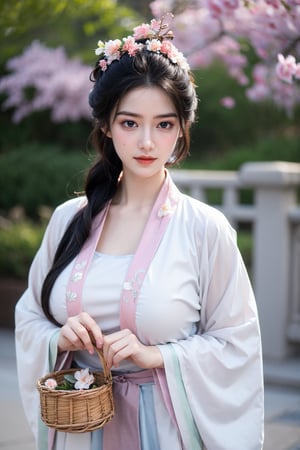 fenmo, fense, 1girl, black hair, flower, hair ornament, realistic, holding, hair flower, blurry, holding flower, chinese clothes, looking at viewer, hanfu, black eyes, basket, blurry background,hanfu,cho girl,(big breasts:1.5)