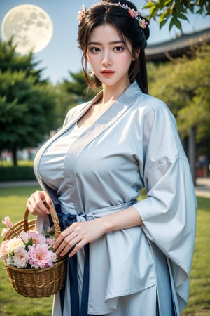  (masterpiece, best quality:1.3), 1girl, black hair, flower, hair ornament, realistic, holding, hair flower, blurry, holding flower, chinese clothes, looking at viewer, hanfu, black eyes, basket, blurry background,hanfu,cho girl,(big breasts:1.57),(full moon:1.23)