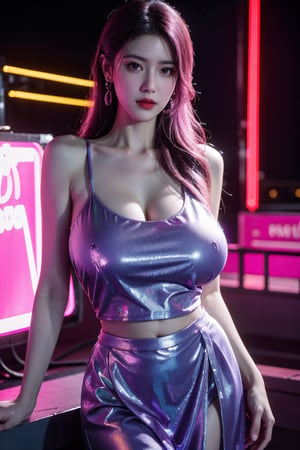 (masterpiece, best quality:1.3),Nights,(Cyberpunk:1.3), (neon lights:1.4), glowing earrings, realistic, pub,1girl, solo, looking at viewer, (Holographic light purple dress:1.29),realistic, midriff, bare shoulders, standting, hair ornament, pink hair, jewelry, Pleated Skirt, purple long skirt, cowboy shot,Xyunxiao, ,(huge breasts:1.5),(full moon:1.29)