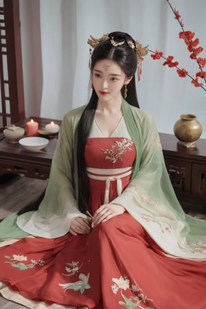 (masterpiece, best quality:1.2),1girl, solo, long hair, black hair,(huge breasts:1.89),Hairpins,necklace, hair ornament, dress, full body, flower, earrings, indoors, hair bun, (red-green dress:1.29),(Tube top Hanfu long skirt:1.1), pillow, bed, night, chinese clothes, table, branch,daxiushan, ,daxiushan style,(huge breasts:2.33), (full breasts:2.34), realistic,hanfu, daxiushan,Shoulders are exposed, , daxiushan, arien_hanfu,,More Reasonable Details,Xyunluo,Xningyudie
