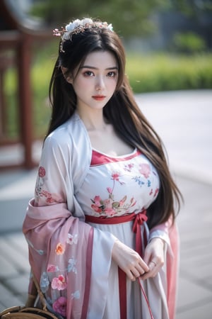 fenmo, fense, 1girl, black hair, flower, hair ornament, realistic, holding, hair flower, blurry, holding flower, chinese clothes, looking at viewer, hanfu, black eyes, basket, blurry background,hanfu,cho girl,(big breasts:1.5),gufeng,embroidered flower patterns