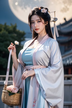  (masterpiece, best quality:1.3), 1girl, black hair, flower, hair ornament, realistic, holding, hair flower, blurry, holding flower, chinese clothes, looking at viewer, hanfu, black eyes, basket, blurry background,hanfu,cho girl,(big breasts:1.52),(full moon:1.23)