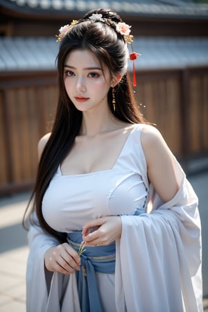 fenmo, fense, 1girl, black hair, flower, hair ornament, realistic, holding, hair flower, blurry, holding flower, chinese clothes, looking at viewer, hanfu, black eyes, basket, blurry background,hanfu,cho girl,(big breasts:1.5),gufeng