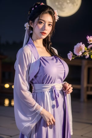  (masterpiece, best quality:1.3), 1girl, black hair, flower, hair ornament, realistic, holding, hair flower, blurry, holding flower, chinese clothes, looking at viewer, hanfu, black eyes, basket, blurry background,(light purple hanfu:1.23),(big breasts:1.56),(full moon:1.23)