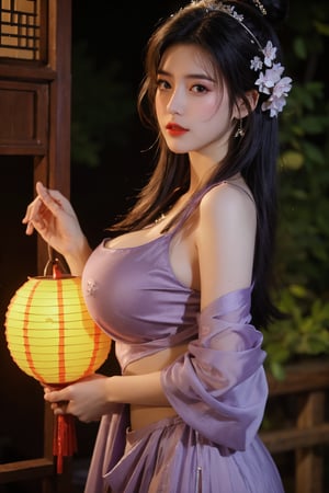  (masterpiece, best quality:1.2),1girl, navel, solo, midriff, bare shoulders, lantern, hair ornament, flower, hair flower, paper lantern, black hair, red lips, looking at viewer, chinese clothes, (light purple|green dress:1.29), purple eyes,blurry, solo focus, long hair, lips, night, lipstick, outdoors, upper body, blurry,(huge breasts:1.46), background, solo, makeup, hair bun,Xyunxiao