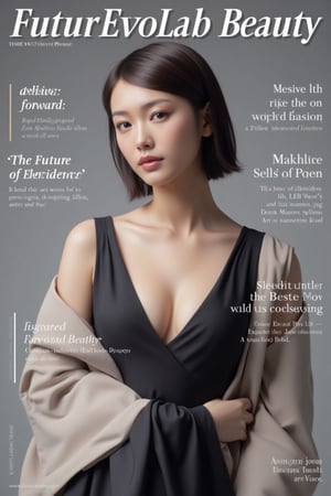 A high-fashion magazine cover featuring a close-up, upper-body shot of a beautiful Japanese female model with an enhanced bust size, confidently posing with elegance. Her sharp yet graceful facial features are highlighted, and she wears a stylish, modern outfit that accentuates her figure while maintaining a sophisticated and polished look. The background is a neutral gray with professional, magazine-quality lighting that enhances her photorealistic skin texture.

Across the cover, bold and stylish magazine text is displayed, including the title in elegant font: **"FuturEvoLab Beauty"** at the top. Other headlines include:
- **"Fashion Forward: The Future of Elegance"**
- **"Secrets to Confidence and Style"**
- **"Model of the Year: Embracing Allure and Power"**

The overall composition combines high-end fashion photography with captivating headlines that frame the model’s pose, drawing attention to her beauty and presence. The cover reflects sophistication, confidence, and modern fashion, with the FuturEvoLabBeautify aesthetic enhancing the visual impact.,Xxyjy