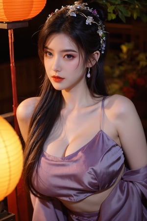  (masterpiece, best quality:1.2),1girl, navel, solo, midriff, bare shoulders, lantern, hair ornament, flower, hair flower, paper lantern, black hair, red lips, looking at viewer, chinese clothes, (light purple-green dress:1.23), purple eyes,blurry, solo focus, long hair, lips, night, lipstick, outdoors, upper body, blurry,(huge breasts:1.46), background, solo, makeup, hair bun,Xyunxiao