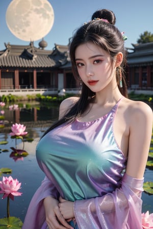  (masterpiece, best quality:1.2),1girl, navel, solo, midriff, bare shoulders, lantern, hair ornament, flower, hair flower, paper lantern, black hair, red lips,BREAK, (looking at viewer:1.23), chinese clothes,(Holographic pink-green dress:1.36), (Rainbow Gradient Color:1.29),BREAK,purple eyes,blurry, solo focus, long hair, lips, daytime, lipstick, outdoors, upper body, blurry,(huge breasts:1.48), background, solo, makeup, hair bun,Xyunxiao,(Peony,Blue sky,moon:1.39),(Lotus pond, ancient Chinese architecture:1.39)