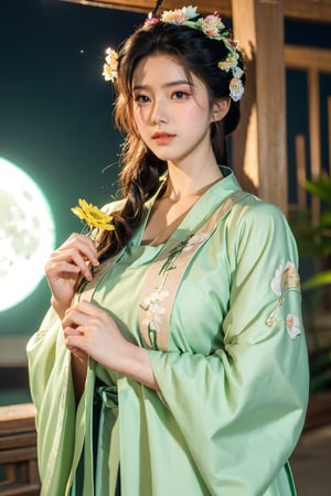  (masterpiece, best quality:1.3), 1girl, black hair, flower, hair ornament, realistic, holding, hair flower, blurry, holding flower, chinese clothes, looking at viewer, green hanfu, black eyes, basket, blurry background,(light green hanfu:1.36),(big breasts:1.63),(full moon:1.29)