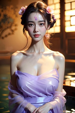 (((masterpiece))), (((best quality))), (((half body photo))), (((tangfengspabelle))), ((forehead floral mark)), ((partially submerged)), solo, 1girl, ((light purple collarbone see through hanfu:1.2)), hairclip, big tits, smile, (big breasts:1.52)