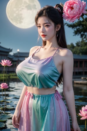  (masterpiece, best quality:1.2),1girl, navel, solo, midriff, bare shoulders, lantern, hair ornament, flower, hair flower, paper lantern, black hair, red lips,BREAK, (looking at viewer:1.23), chinese clothes,(Holographic pink-green dress:1.36), (Rainbow Gradient Color:1.29),BREAK,purple eyes,blurry, solo focus, long hair, lips, daytime, lipstick, outdoors, upper body, blurry,(huge breasts:1.48), background, solo, makeup, hair bun,Xyunxiao,(Peony,Blue sky,moon:1.39),(Lotus pond, ancient Chinese architecture:1.23)