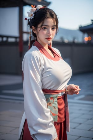  (masterpiece, best quality:1.3), 1girl, black hair, flower, hair ornament, realistic, holding, hair flower, blurry, holding flower, chinese clothes, looking at viewer, red hanfu, black eyes, basket, blurry background,(red hanfu:1.53),(big breasts:1.63),(full moon:1.29)