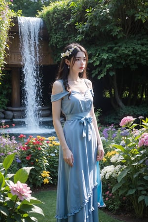 In the heart of an enchanted garden, a woman with cascading curls of midnight black tends to the flowers with gentle care. Her skin is as pale as the petals she lovingly tends, and she wears a simple dress of azure blue, tied with a sash of silver that glimmers in the sunlight.