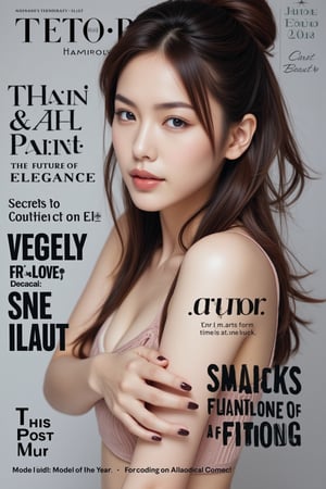 A high-fashion magazine cover featuring a close-up, upper-body shot of a beautiful Japanese female model with an enhanced bust size, confidently posing with elegance. Her sharp yet graceful facial features are highlighted, and she wears a stylish, modern outfit that accentuates her figure while maintaining a sophisticated and polished look. The background is a neutral gray with professional, magazine-quality lighting that enhances her photorealistic skin texture.

Across the cover, bold and stylish magazine text is displayed, including the title in elegant font: **"FuturEvoLab Beauty"** at the top. Other headlines include:
- **"Fashion Forward: The Future of Elegance"**
- **"Secrets to Confidence and Style"**
- **"Model of the Year: Embracing Allure and Power"**

The overall composition combines high-end fashion photography with captivating headlines that frame the model’s pose, drawing attention to her beauty and presence. The cover reflects sophistication, confidence, and modern fashion, with the FuturEvoLabBeautify aesthetic enhancing the visual impact.,Xxyjy