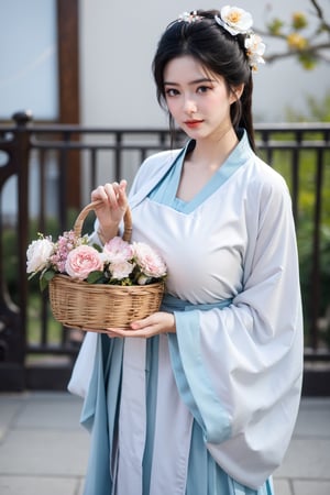 fenmo, fense, 1girl, black hair, flower, hair ornament, realistic, holding, hair flower, blurry, holding flower, chinese clothes, looking at viewer, hanfu, black eyes, basket, blurry background,hanfu,cho girl,(big breasts:1.5)