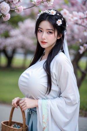 fenmo, fense, 1girl, black hair, flower, hair ornament, realistic, holding, hair flower, blurry, holding flower, chinese clothes, looking at viewer, hanfu, black eyes, basket, blurry background,hanfu,cho girl,(big breasts:1.5)