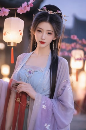  (masterpiece, best quality:1.2),1girl, navel, solo, midriff, bare shoulders, lantern, hair ornament, flower, hair flower, paper lantern, black hair, red lips, looking at viewer, chinese clothes, (light purple-green-blue dress:1.23), purple eyes,blurry, solo focus, long hair, lips, night, lipstick, outdoors, upper body, blurry,(huge breasts:2.59),(full breasts:1.99) ,background, solo, makeup, hair bun,Xyunluo,Xningyudie