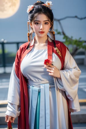  (masterpiece, best quality:1.3), 1girl, black hair, flower, hair ornament, realistic, holding, hair flower, blurry, holding flower, chinese clothes, looking at viewer, red hanfu, black eyes, basket, blurry background,(red hanfu:1.53),(big breasts:1.63),(full moon:1.29)