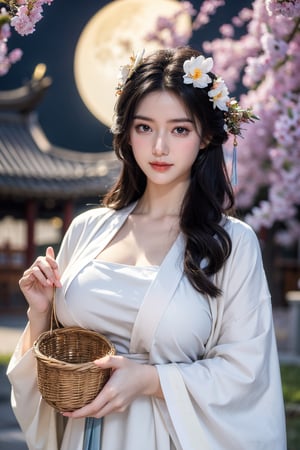  (masterpiece, best quality:1.3), 1girl, black hair, flower, hair ornament, realistic, holding, hair flower, blurry, holding flower, chinese clothes, looking at viewer, hanfu, black eyes, basket, blurry background,hanfu,cho girl,(big breasts:1.52),(full moon:1.23)