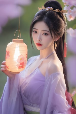  (masterpiece, best quality:1.2),1girl, navel, solo, midriff, bare shoulders, lantern, hair ornament, flower, hair flower, paper lantern, black hair, red lips, looking at viewer, chinese clothes, (light purple-green dress:1.23), purple eyes,blurry, solo focus, long hair, lips, night, lipstick, outdoors, upper body, blurry,(huge breasts:1.99), background, solo, makeup, hair bun,Xyunluo,Xningyudie