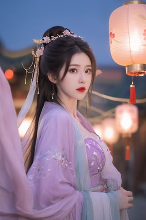  (masterpiece, best quality:1.2),1girl, navel, solo, midriff, bare shoulders, lantern, hair ornament, flower, hair flower, paper lantern, black hair, red lips, looking at viewer, chinese clothes, (light purple-green-blue dress:1.23), purple eyes,blurry, solo focus, long hair, lips, night, lipstick, outdoors, upper body, blurry,(huge breasts:2.59),(full breasts:1.99) ,background, solo, makeup, hair bun,Xyunluo,Xningyudie