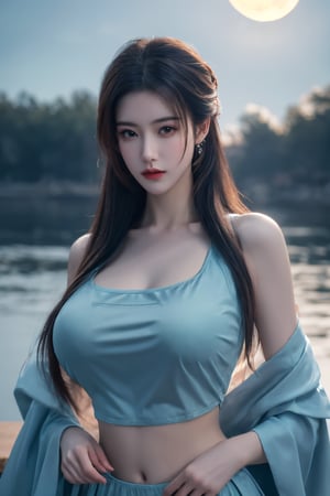 (8k, RAW photo, best quality, masterpiece:1.2), (realistic, photo-realistic:1.2)(raw photo) (extremely detailed CG unity 8k wallpaper) detailed and intricate, original,highres,looking at viewer,upper body,BREAK,(light blue clothing:1.29),BREAK,(big breasts:1.69),Xyunxiao,1girl,(full moon:1.29)