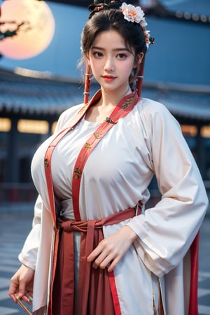  (masterpiece, best quality:1.3), 1girl, black hair, flower, hair ornament, realistic, holding, hair flower, blurry, holding flower, chinese clothes, looking at viewer, red hanfu, black eyes, basket, blurry background,(red hanfu:1.53),(big breasts:1.63),(full moon:1.29)