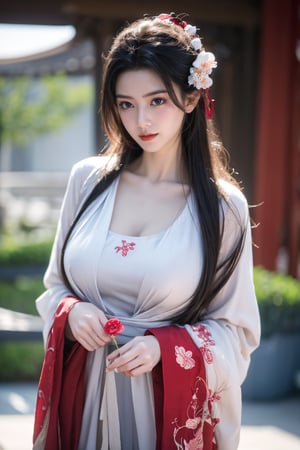 fenmo, fense, 1girl, black hair, flower, hair ornament, realistic, holding, hair flower, blurry, holding flower, chinese clothes, looking at viewer, hanfu, black eyes, basket, blurry background,hanfu,cho girl,(big breasts:1.56),gufeng,embroidered flower patterns