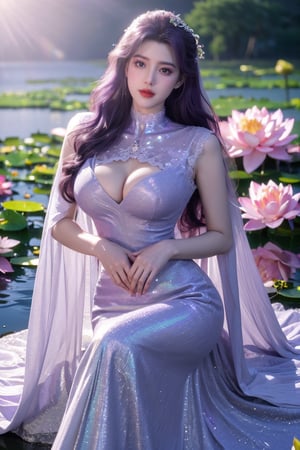 masterpiece,1girl,(mature female:0.5),tall body,full  body,golden proportions,(Kpop idol),(shiny skin:1.2),(oil skin:1.1),makeup,(close up),depth of field,(closed mouth:0.5),((long wavy purple hair)),(puffy eyes),(eyelashes:1.1),(parted lips:1.1),red lipstick,fantasy art style,dreamy light,(high neck light purple wedding dress:1.59),(light purple long wedding dress:1.39),(Holographic colorful:1.52),(Holographic,lace:1.49),perfect body,(dreamy veil:1.3),(dusk:1.2),(princess shoes:1.1),(diamond necklace),(crystal hairpin),tyndall effect,highres,(Sitting on the grass by the river:1.56), (lotus pond full of lotus flowers:1.69), (big breasts:2.09),(Flowers:1.69)