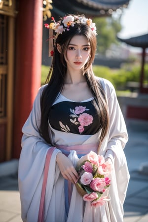 fenmo, fense, 1girl, black hair, flower, hair ornament, realistic, holding, hair flower, blurry, holding flower, chinese clothes, looking at viewer, hanfu, black eyes, basket, blurry background,hanfu,cho girl,(big breasts:1.56),gufeng,embroidered flower patterns