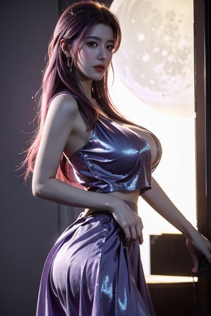 (masterpiece, best quality:1.3),Nights,(Cyberpunk:1.3), (neon lights:1.4), glowing earrings, realistic, pub,1girl, solo, looking at viewer, (Holographic color:1.23(light purple dress:1.29),realistic, midriff, bare shoulders, standting, hair ornament, pink hair, jewelry, Pleated Skirt, purple long skirt, cowboy shot,Xyunxiao, ,(huge breasts:1.5),(full moon:1.39)