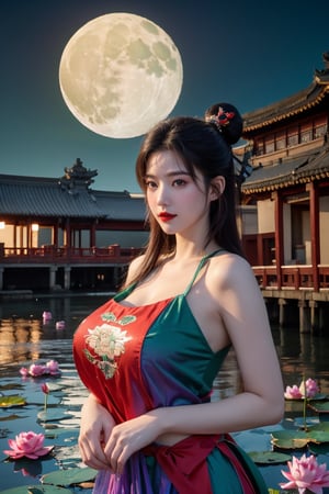  (masterpiece, best quality:1.2),1girl, navel, solo, midriff, bare shoulders, lantern, hair ornament, flower, hair flower, paper lantern, black hair, red lips,BREAK, (looking at viewer:1.23), chinese clothes,(Holographic red-green dress:1.36), (Rainbow Gradient Color:1.29),BREAK,purple eyes,blurry, solo focus, long hair, lips, daytime, lipstick, outdoors, upper body, blurry,(huge breasts:1.48), background, solo, makeup, hair bun,Xyunxiao,(Peony,Blue sky,moon:1.39),(Lotus pond, ancient Chinese architecture:1.39)