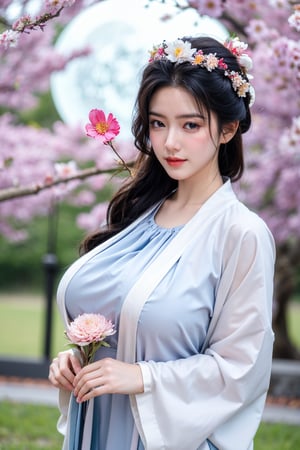  (masterpiece, best quality:1.3), 1girl, black hair, flower, hair ornament, realistic, holding, hair flower, blurry, holding flower, chinese clothes, looking at viewer, hanfu, black eyes, basket, blurry background,hanfu,cho girl,(big breasts:1.56),(full moon:1.23)