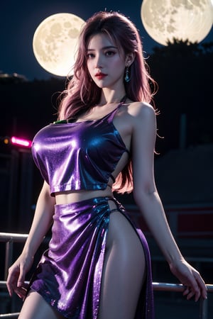 (masterpiece, best quality:1.3),Nights,(Cyberpunk:1.3), (neon lights:1.4), glowing earrings, realistic, pub,1girl, solo, looking at viewer, (Holographic light purple dress:1.29),realistic, midriff, bare shoulders, standting, hair ornament, pink hair, jewelry, Pleated Skirt, purple long skirt, cowboy shot,Xyunxiao, ,(huge breasts:1.5),(full moon:1.39)