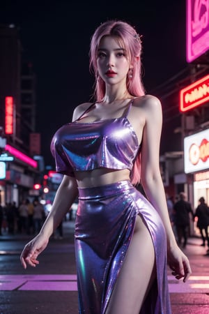 (masterpiece, best quality:1.3),Nights,(Cyberpunk:1.3), (neon lights:1.4), glowing earrings, realistic, pub,1girl, solo, looking at viewer, (Holographic light purple dress:1.29),realistic, midriff, bare shoulders, standting, hair ornament, pink hair, jewelry, Pleated Skirt, purple long skirt, cowboy shot,Xyunxiao, ,(huge breasts:1.5),(full moon:1.29)