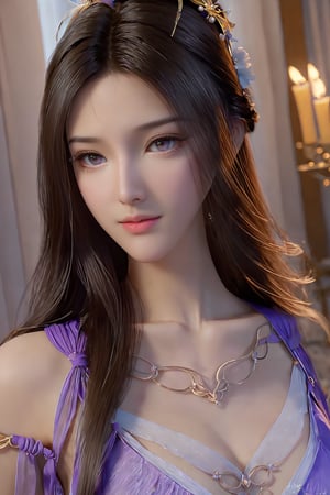 best quality,masterpiece,realistic,ultra-fine painting,extreme detail description,Professional,Vivid Colors,extremely detailed CG unity 8k wallpaper,an extremely delicate and beautiful,official art,sweet and delicate girl,delicate facial features,(perfect bright figure:1.1),surrounded,Bright,romantic long hair,natural light,warm and sweet,a girl,upper body,,black long hair,purple eyes,purple skirt,veil,Xziling,xxmixgirl,,(big breasts:1.29),More Reasonable Details