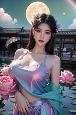  (masterpiece, best quality:1.2),1girl, navel, solo, midriff, bare shoulders, lantern, hair ornament, flower, hair flower, paper lantern, black hair, red lips,BREAK, (looking at viewer:1.23), chinese clothes,(Holographic pink-green dress:1.36), (Rainbow Gradient Color:1.29),BREAK,purple eyes,blurry, solo focus, long hair, lips, daytime, lipstick, outdoors, upper body, blurry,(huge breasts:1.48), background, solo, makeup, hair bun,Xyunxiao,(Peony,Blue sky,moon:1.39),(Lotus pond, ancient Chinese architecture:1.23)