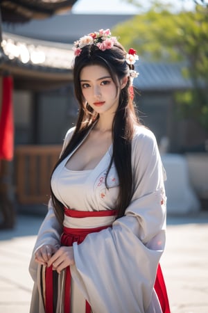 fenmo, fense, 1girl, black hair, flower, hair ornament, realistic, holding, hair flower, blurry, holding flower, chinese clothes, looking at viewer, hanfu, black eyes, basket, blurry background,hanfu,cho girl,(big breasts:1.56),gufeng,embroidered flower patterns